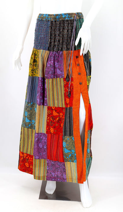 Mushroom Patchwork Maxi Skirt with Side Slit