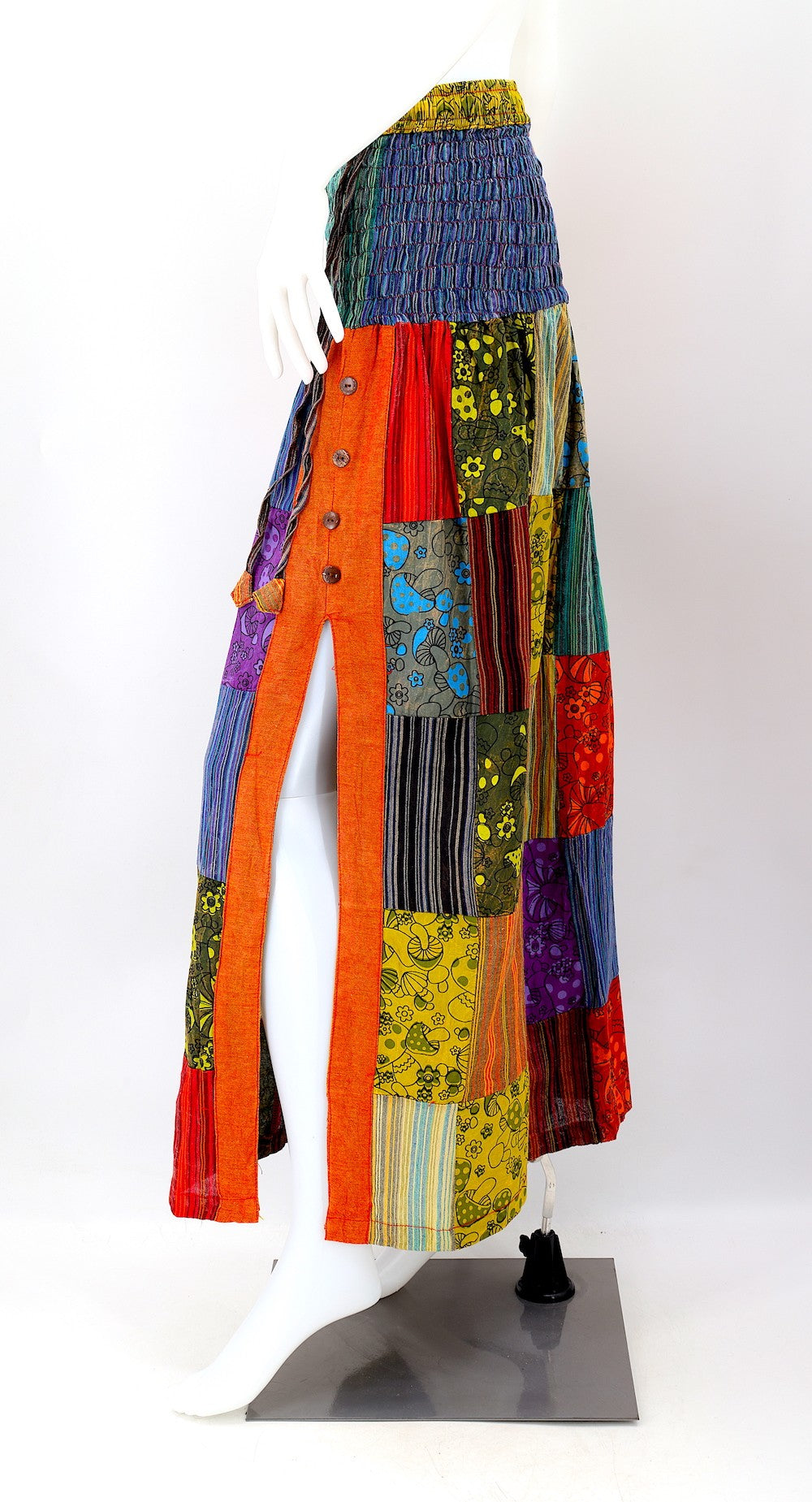Mushroom Patchwork Maxi Skirt with Side Slit