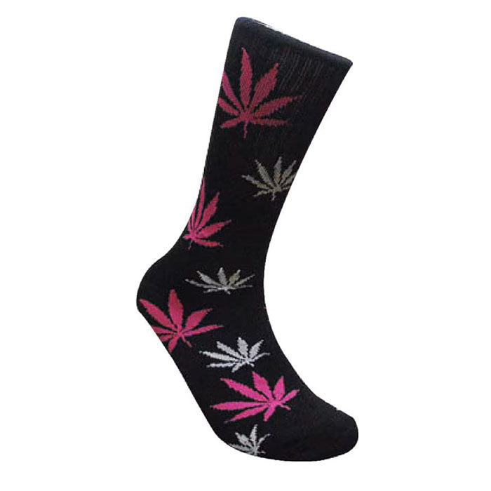 Mad Toro Leaf Socks - Black with Pink & White Print