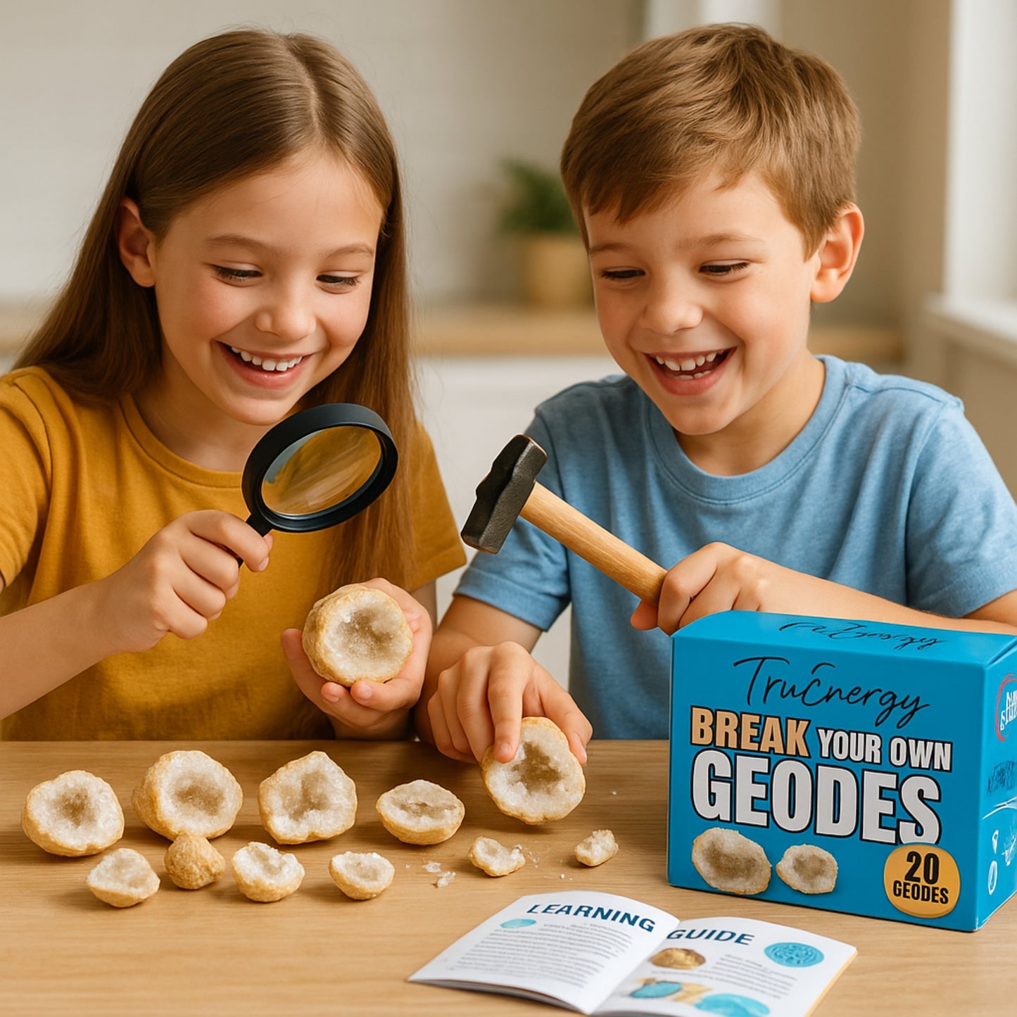 Break Your Own Geodes Kit for Kids – (1.5–5.5”) Natural Crystal Geodes with Magnifying Glass & Learning Guide – STEM Science Rock Kit – Gift-Ready Educational Set for Kids Ages 6–12