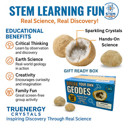 Break Your Own Geodes Kit for Kids – (1.5–5.5”) Natural Crystal Geodes with Magnifying Glass & Learning Guide – STEM Science Rock Kit – Gift-Ready Educational Set for Kids Ages 6–12