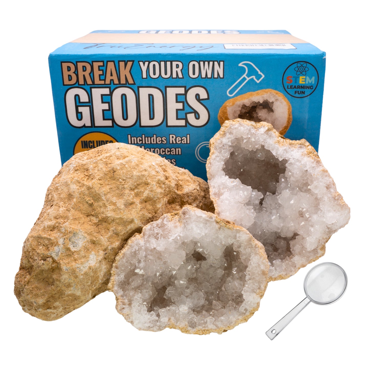 Break Your Own Geodes Kit for Kids – (1.5–5.5”) Natural Crystal Geodes with Magnifying Glass & Learning Guide – STEM Science Rock Kit – Gift-Ready Educational Set for Kids Ages 6–12