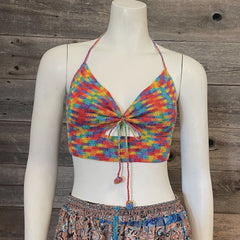 Peek-A-Boo Cotton Lined Crochet Top with Drawstring in Rainbow Colors