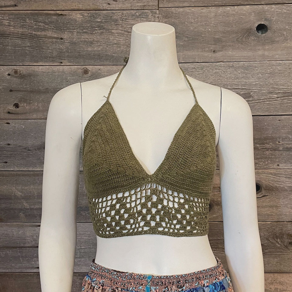 Diamonds Cover Up Cotton Lined Crochet Top with Diamond Design in Olive Green SALE