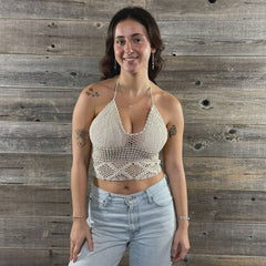 Diamonds Cover Up Cotton Lined Crochet Top with Diamond Design in Natural Color