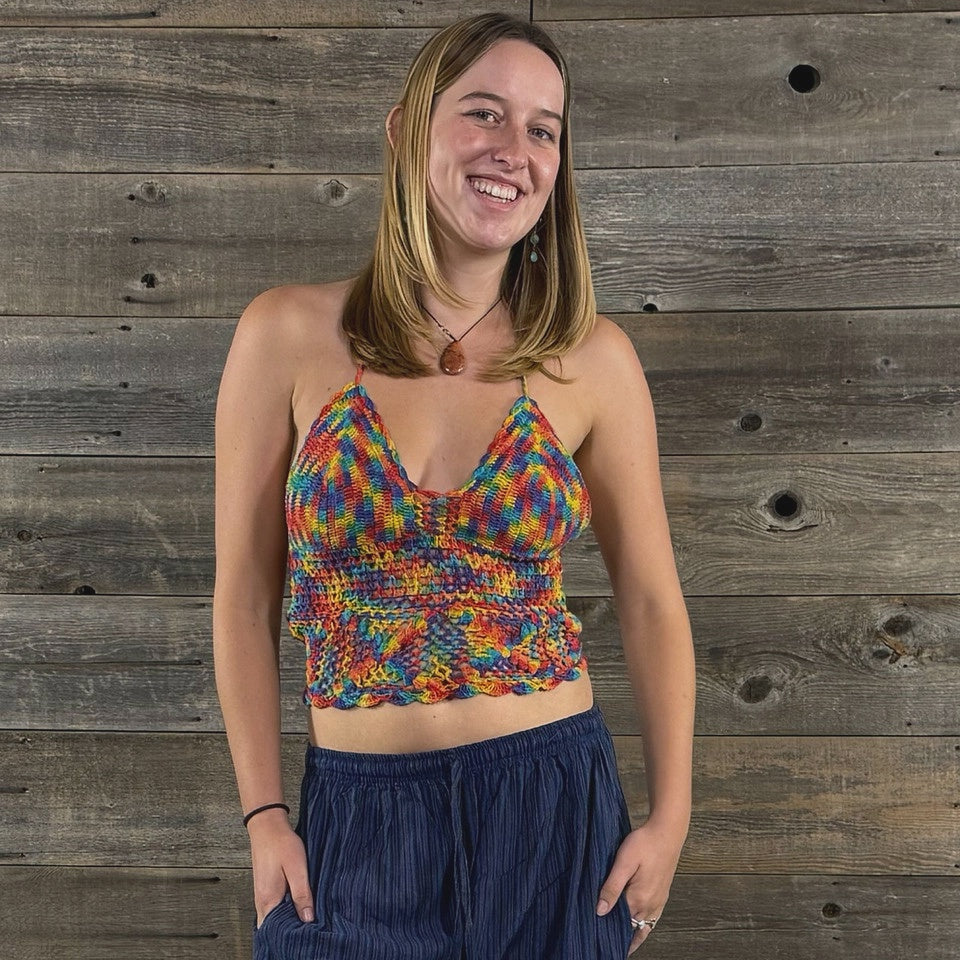 Ruffle Cotton Lined Crochet Cover Up in Rainbow Colors