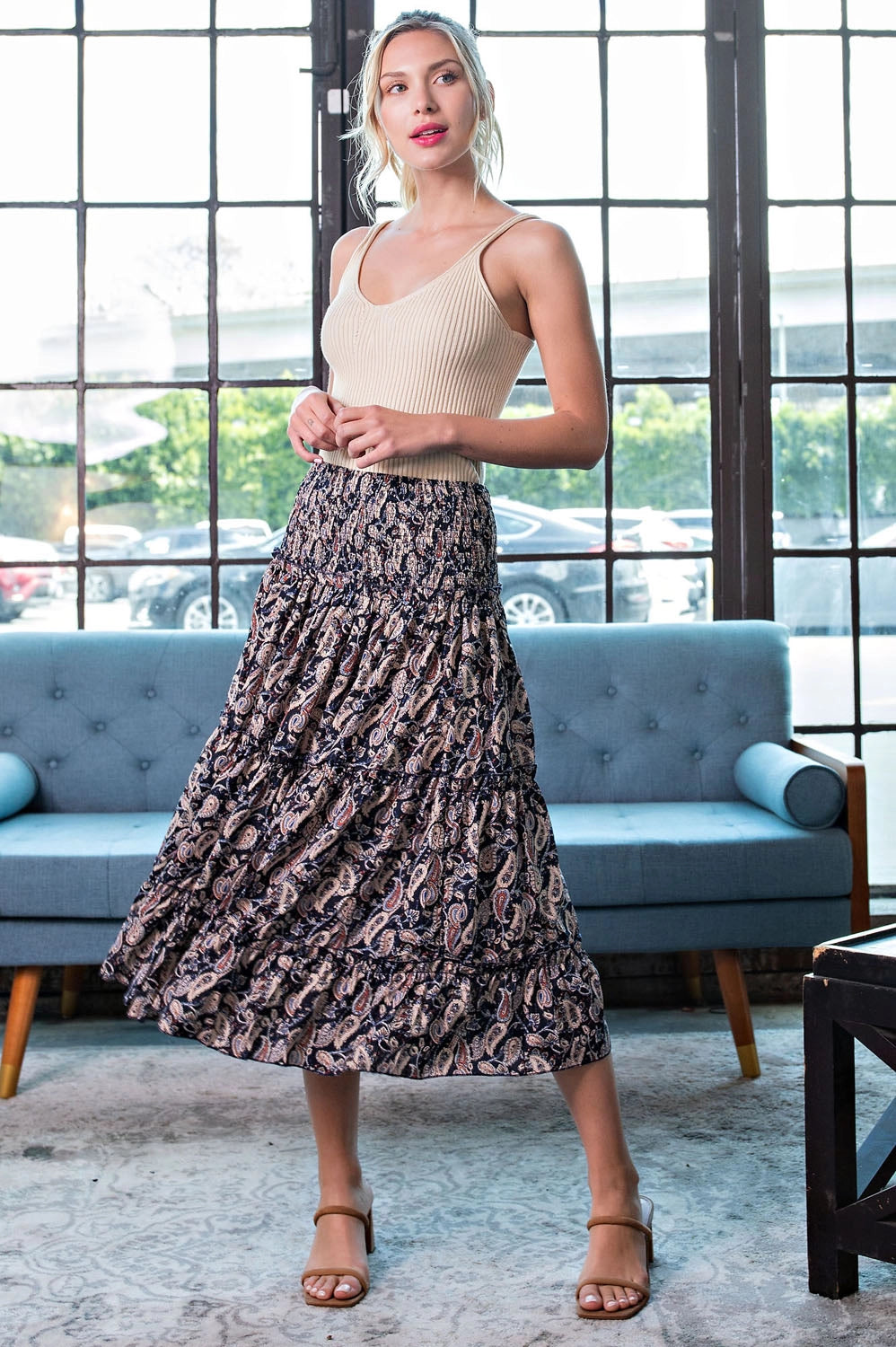 Paisley Print Tiered Maxi Skirt in Navy