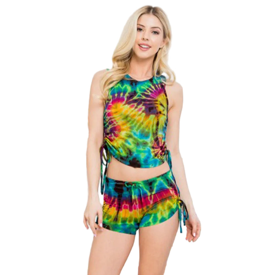 Tie Dye Drawstring Ruched Side Tank Top