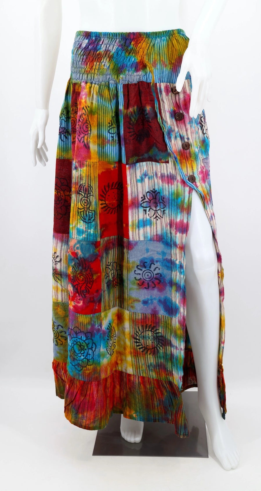 Tie Dyed Cotton Patchwork Skirt with Side Slit