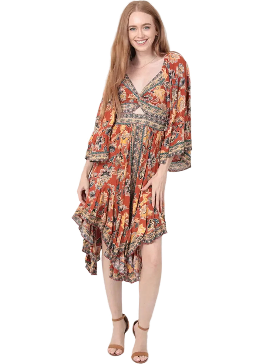 Twist Front Cutout Handkerchief Hem Boho Dress in Brown