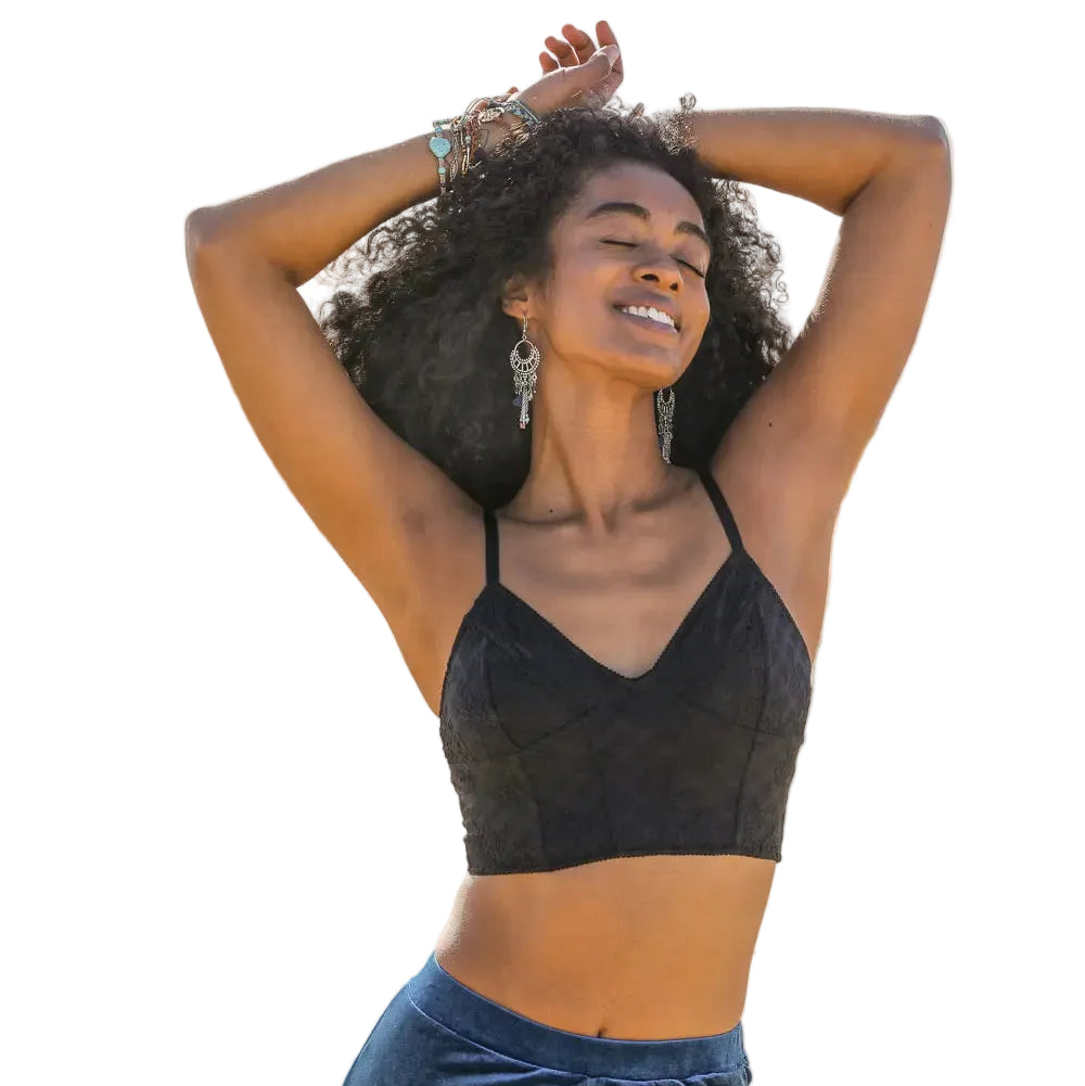 Black Floral Lace Corset Style Longline Bustier Bralette