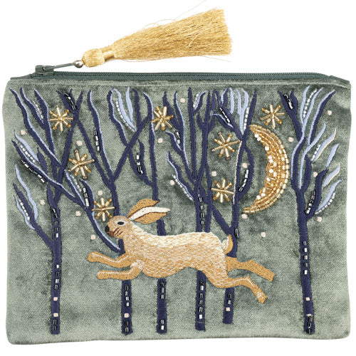 Moonlight Woodland Scene Embroidered Velvet Coin Purse