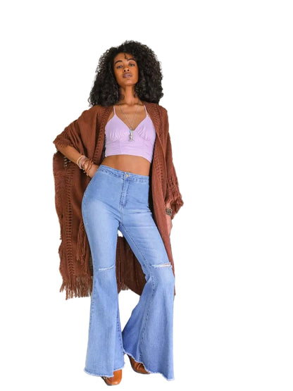 Open-Work Knit Kimono Shawl In Brown