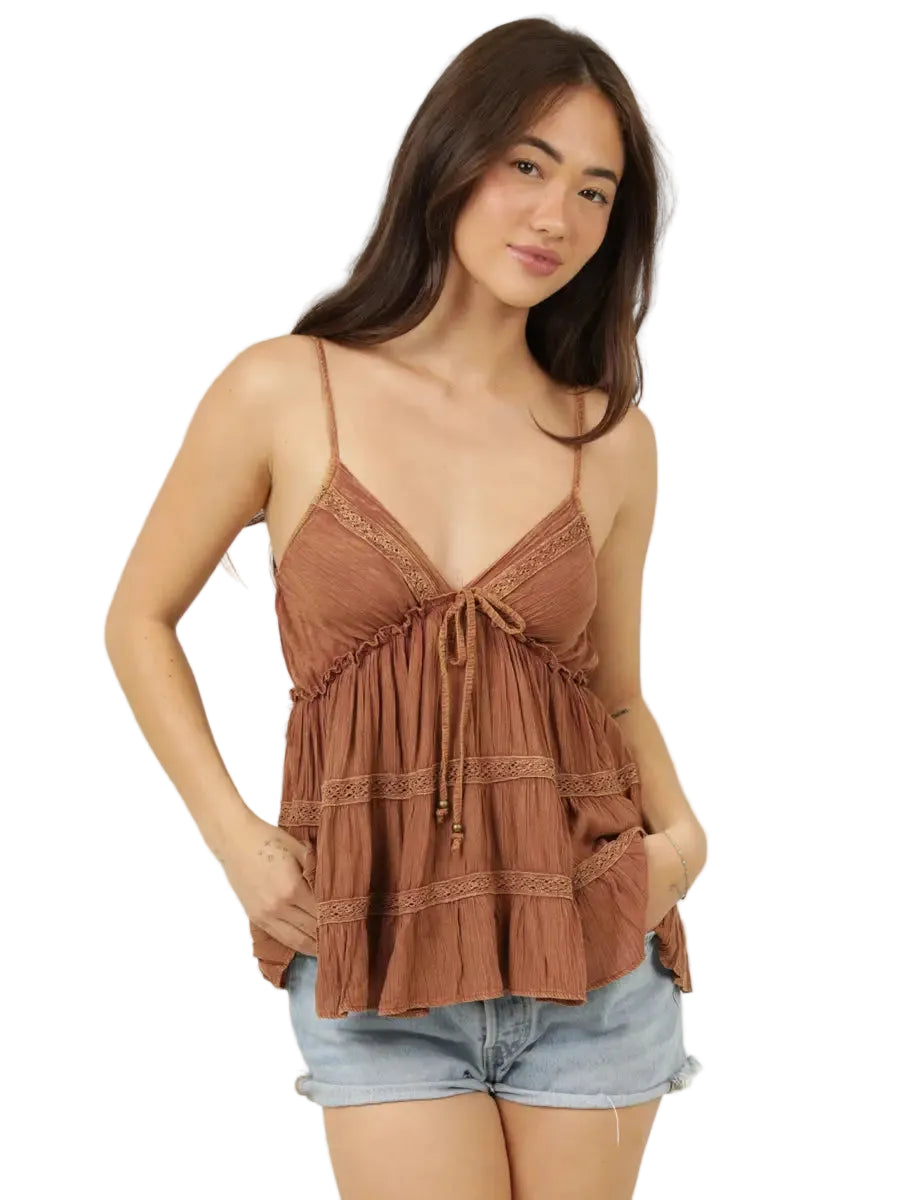 Acid-Wash Lace Trimmed Cami in Rust