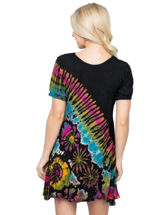 Black Rainbow Short Sleeve Tie Dye Tunic Dress