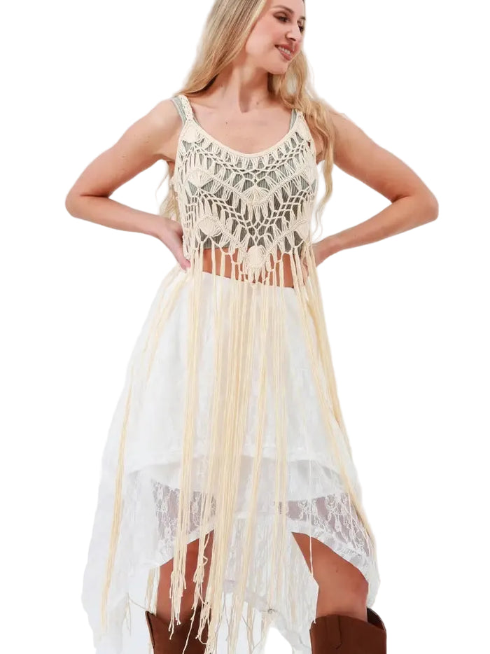 Boho Macramé Crochet Fringe Top in Cream