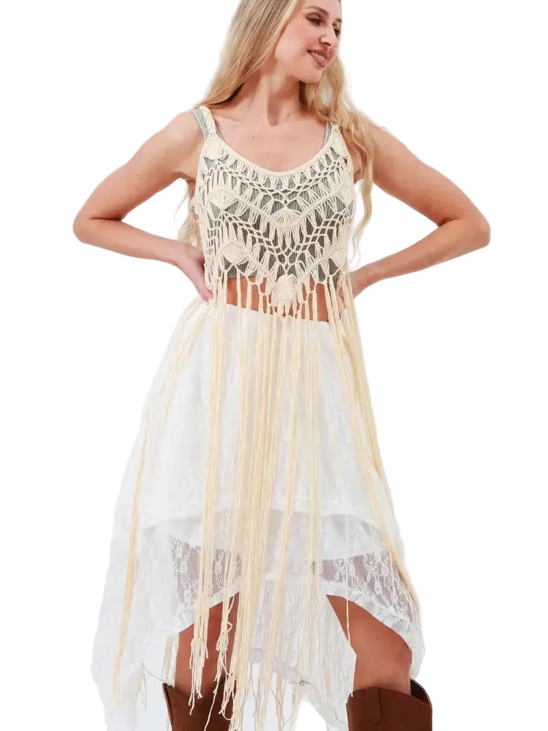 Boho Macramé Crochet Fringe Top in Cream