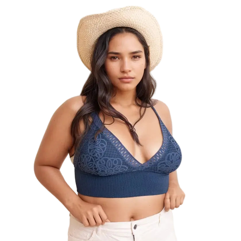 Curvy Lace V Neck Bralette in Slate Blue