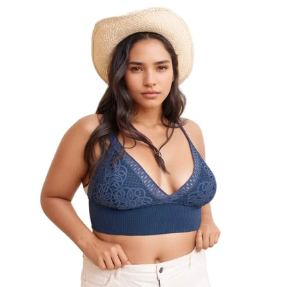 Curvy Lace V Neck Bralette in Slate Blue