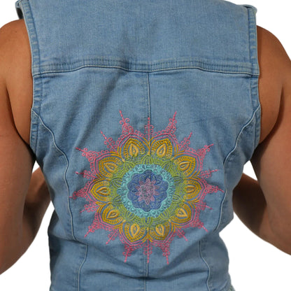 Rainbow Mandala Embroidered Denim Vest