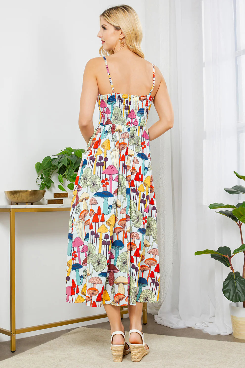 Whimsical Mushroom Print Midi Dress – Button-Front Smocked Cami Sundress with Pockets