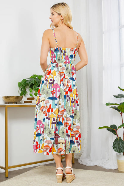 Whimsical Mushroom Print Midi Dress – Button-Front Smocked Cami Sundress with Pockets