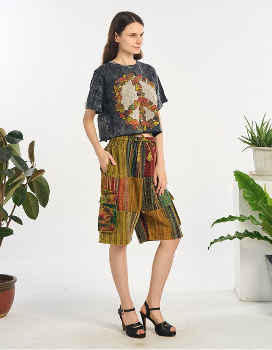 Mixed Cotton Patchwork Shorts with Tie Dyed Cargo Pockets