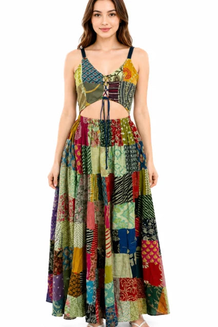 Handmade Patchwork Lace-Up Maxi Dress in Green