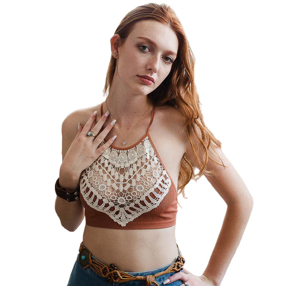 Crochet Lace Halter Bralette in Rust