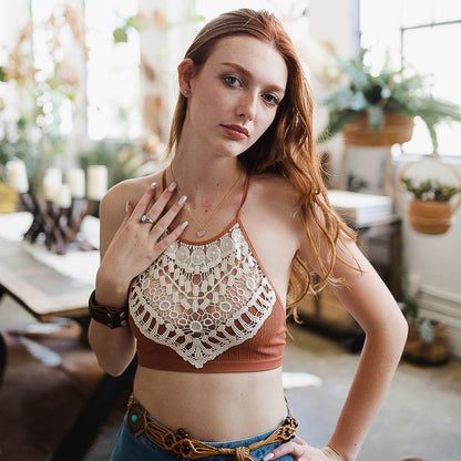 Crochet Lace Halter Bralette in Rust