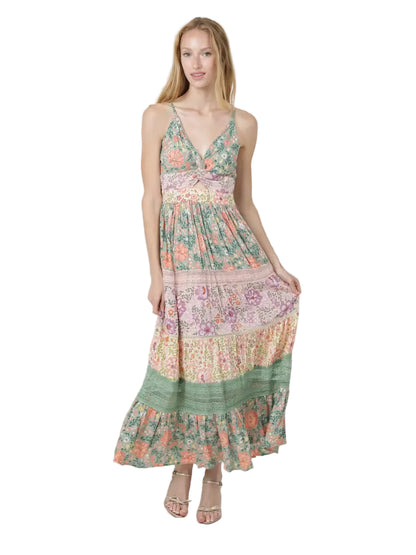 Mixed Print Lace Trim Twist-Front Maxi Dress