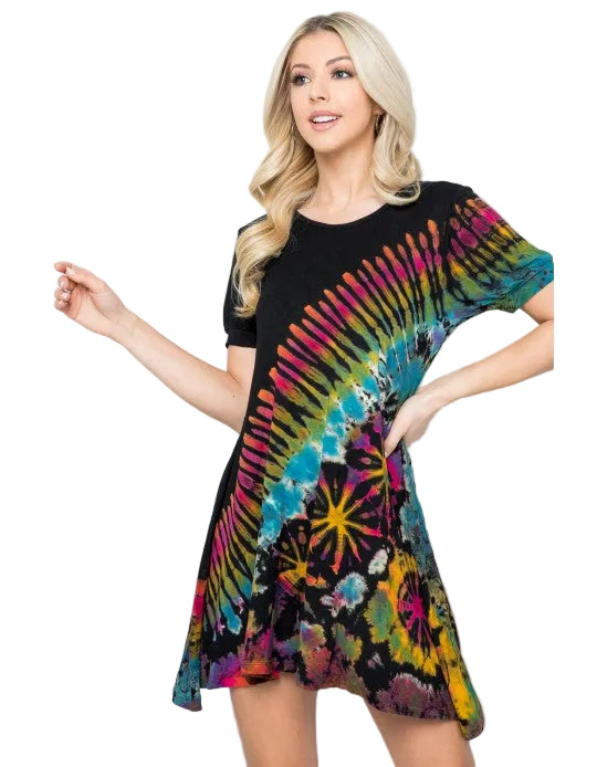 Black Rainbow Short Sleeve Tie Dye Tunic Dress
