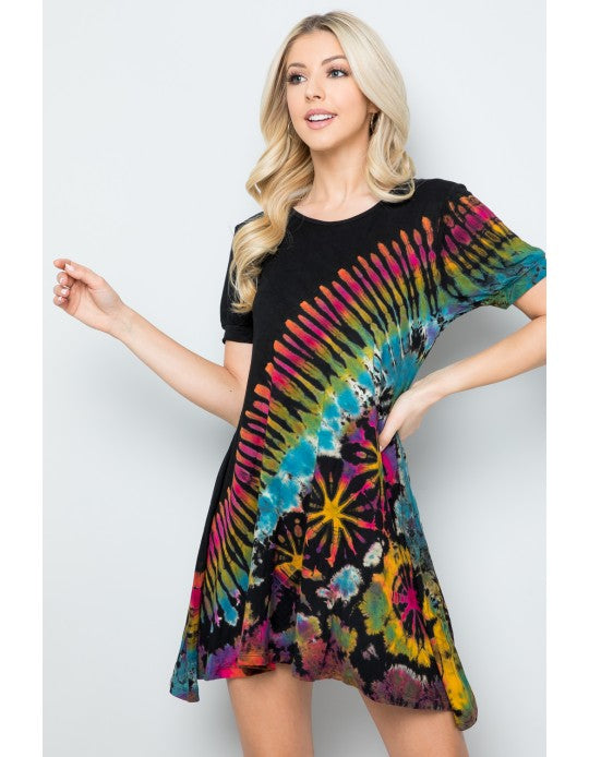 Black Rainbow Short Sleeve Tie Dye Tunic Dress