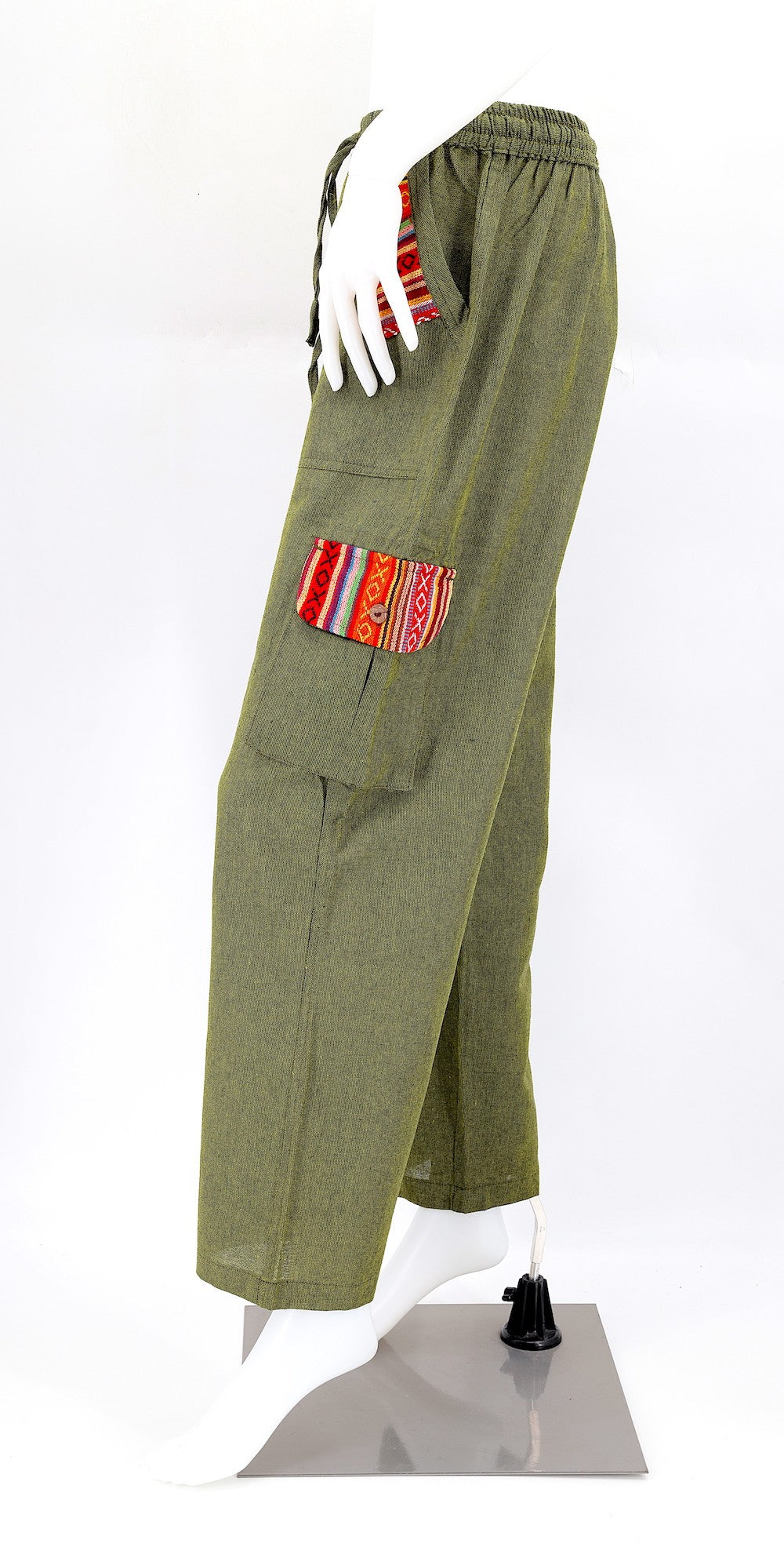 Green Boho Cargo Pants with Gheri Accents and Pockets