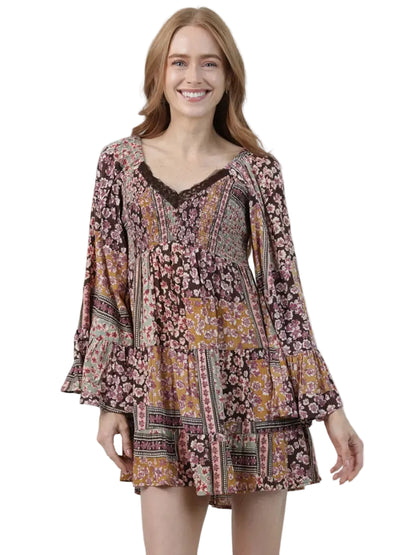 Patchwork Floral Lace-Trim Mini Dress in Brown