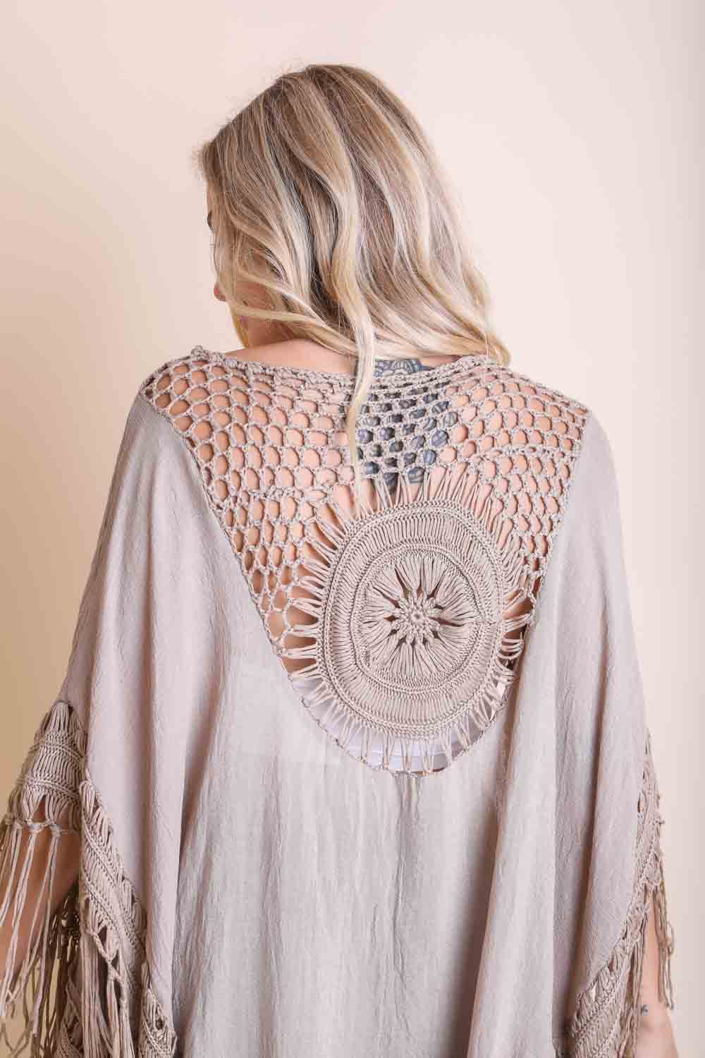 Desert Dreamer Crochet Fringe Kimono in Mocha