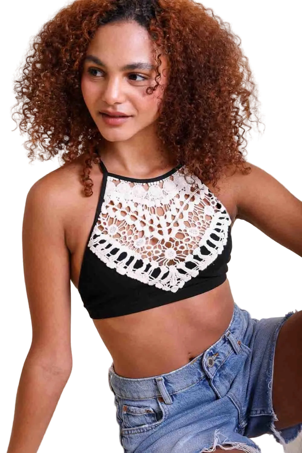 High Neck Crochet Bralette in Black