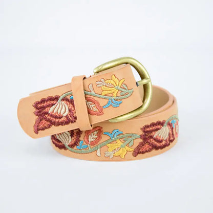 Flower Embroidered Belt in Camel