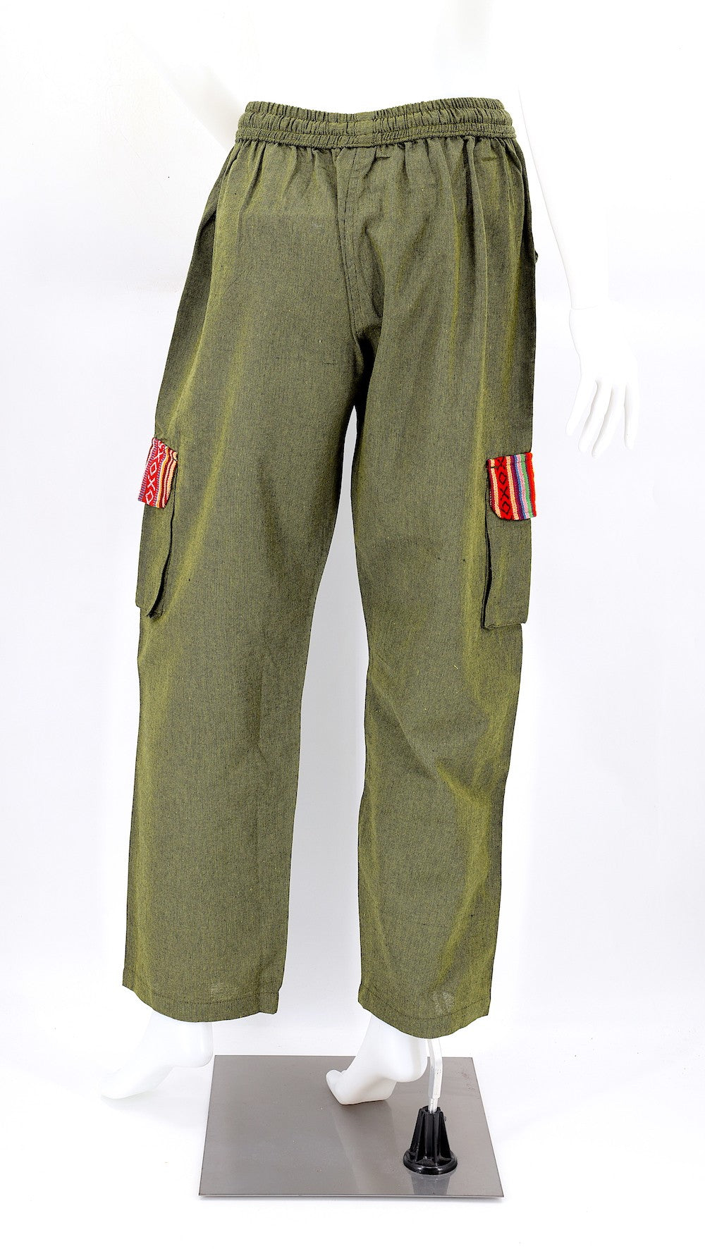 Green Boho Cargo Pants with Gheri Accents and Pockets