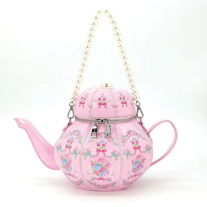 Vintage Pink Floral Teapot Handbag with Pearl Bead Strap