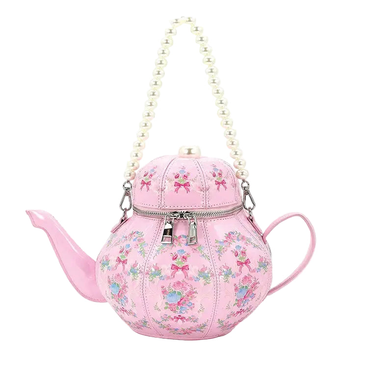 Vintage Pink Floral Teapot Handbag with Pearl Bead Strap
