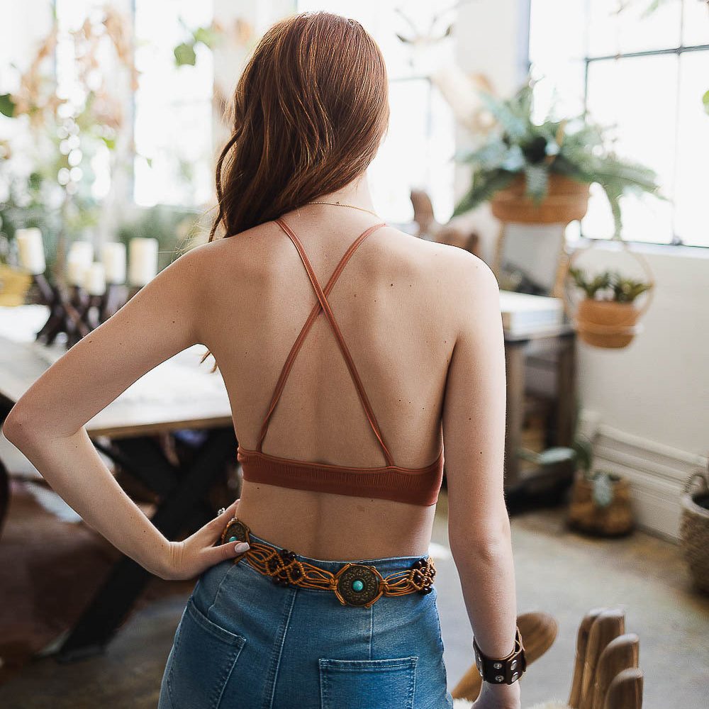 Crochet Lace Halter Bralette in Rust