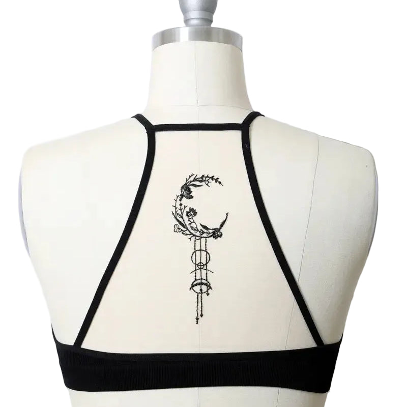 Celestial Moon Embroidered Mesh Black Bralette