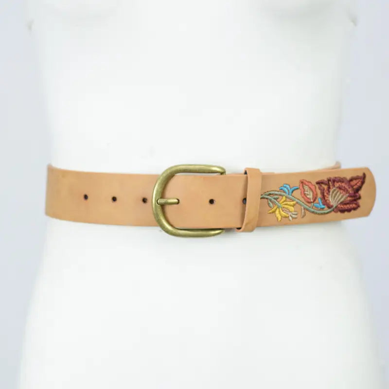 Flower Embroidered Belt in Camel
