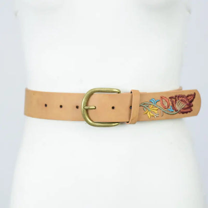 Flower Embroidered Belt in Camel