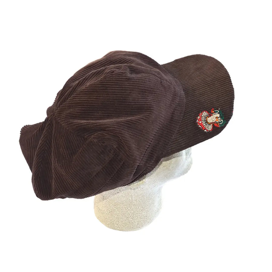 Reversible Gheri & Corduroy Applejack Hat with Embroidered Mushroom
