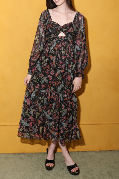 Floral Print Sheer Overlay Cutout Maxi Dress