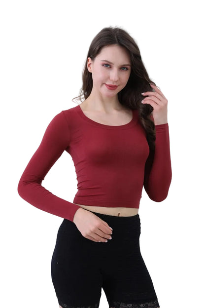 Second Skin Long Sleeve Crop Top in Burgundy