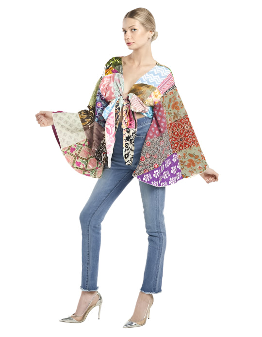 Patchwork Bell Sleeve Top with Front Tie
