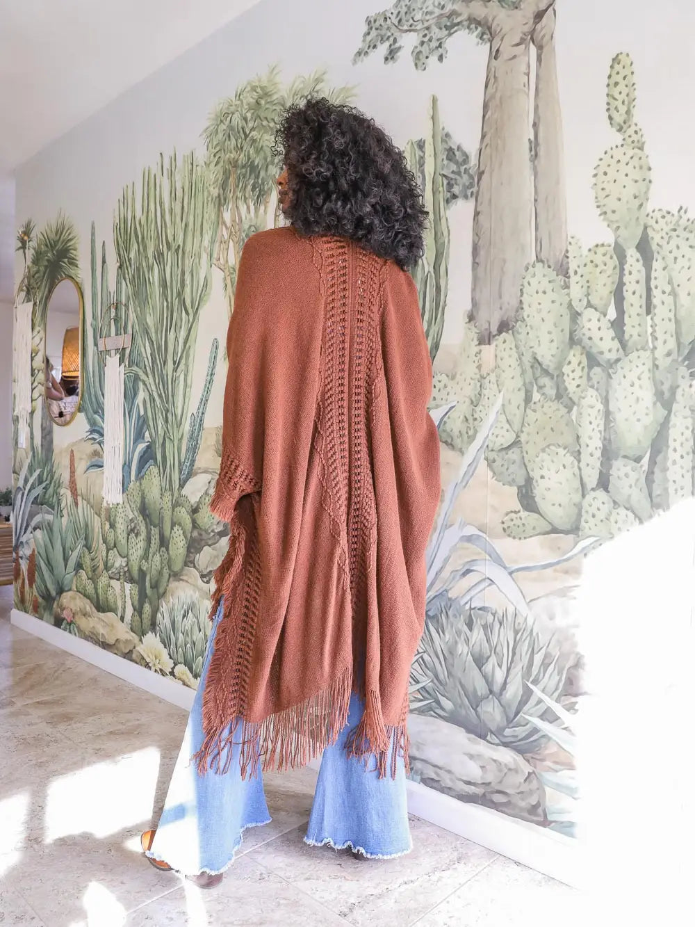 Open-Work Knit Kimono Shawl In Brown